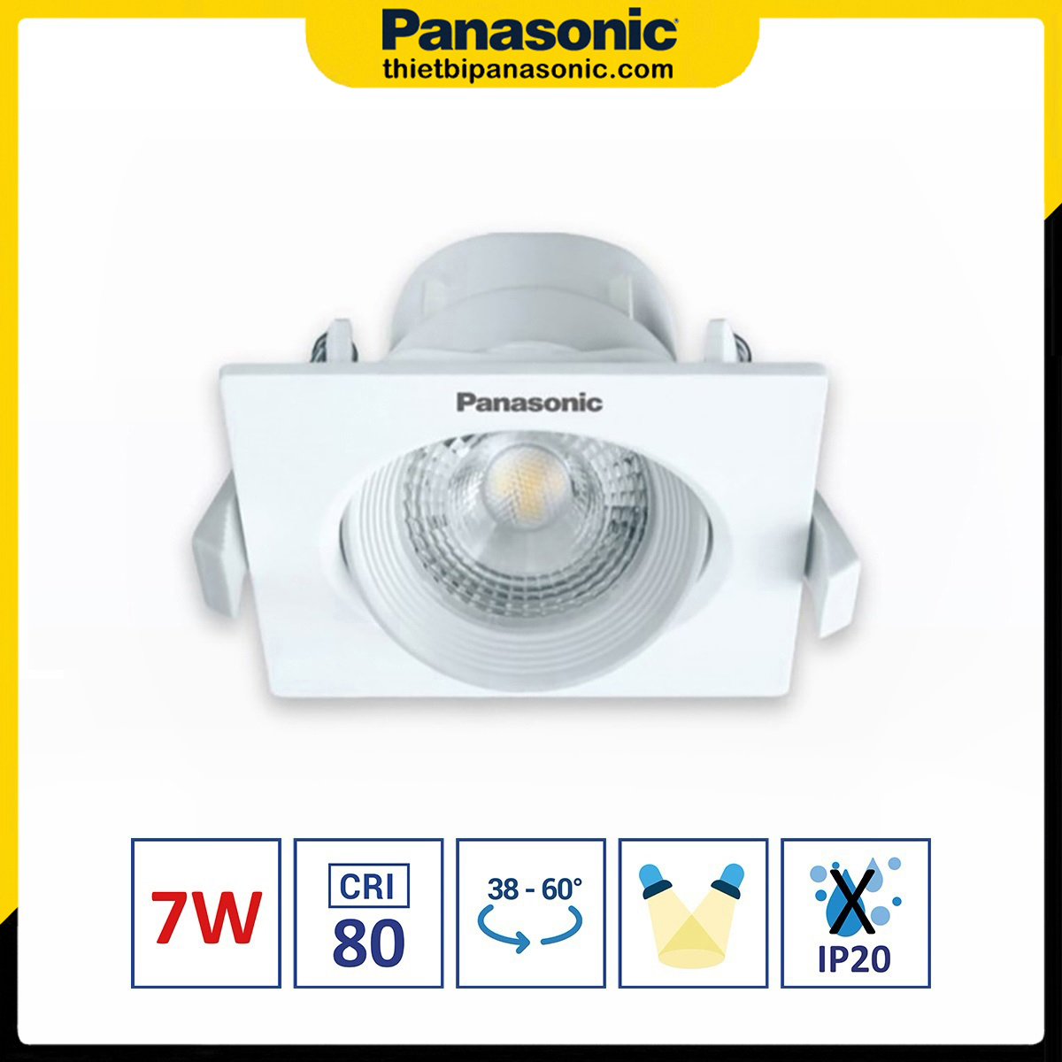 Đèn Downlight Âm Trần Chỉnh Góc 7W Mặt Vuông Ánh Sáng Vàng Panasonic NNNC7630788 (Góc Chiếu 38 Độ)