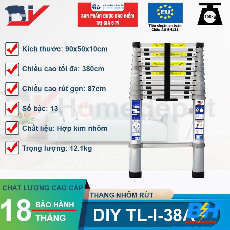 Thang Nhôm Rút Đơn 3.8 Mét DIY TL-I-38